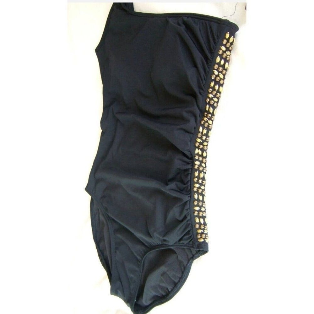 Laundry by Shelli Segal Black Gold One Shoulder Ruched Swim Suit Sze S